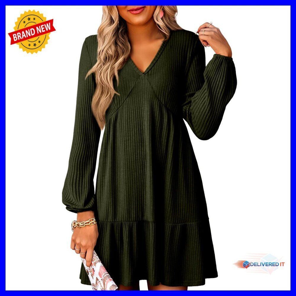 Ribbed Knit Mini Dress Long Sleeve V Neck Empire Waist Swing A Line